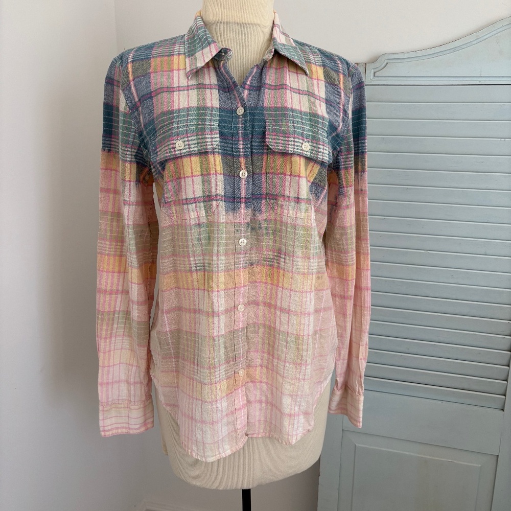 Chaps Pink Blue Plaid Bleach dyed cotton button front shirt